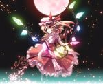  dress flandre_scarlet floating full_moon glowing hat laevatein light_particles light_smile long_hair moon night red_eyes ribbons short_hair side_ponytail touhou usume_shirou wings 
