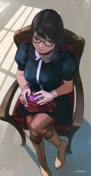  1girl ankle_boots bag black_hair black_pantyhose boots breasts choker collar dress egg_vibrator glasses gloves green_eyes highres long_hair medium_breasts nonkazumi on_chair original pantyhose sex_toy sitting vibrator white_gloves 