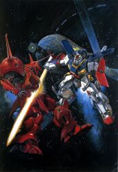  1980s_(style) battle box_art commentary_request energy_sword exhaust green_eyes gundam gundam_zz highres holding holding_sword holding_weapon mecha mecha_focus mobile_suit no_humans o'neill_cylinder official_art one-eyed r-jarja retro_artstyle robot scan science_fiction space star_(sky) sword takani_yoshiyuki third-party_source v-fin weapon yellow_eyes zz_gundam 