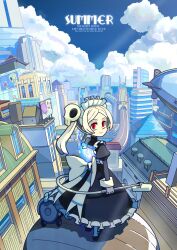  1girl absurdres apron black_dress bloody_marie_(skullgirls) blue_sky bow cityscape clouds cloudy_sky dress frilled_dress frills hair_ornament highres holding_vacuum_cleaner juliet_sleeves kuroirozuki long_sleeves looking_at_viewer looking_back maid maid_apron maid_headdress outdoors puffy_sleeves red_eyes skull_hair_ornament skull_ornament skullgirls sky smile solo twintails white_bow white_hair 