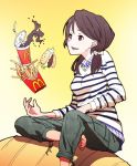  1girl barefoot brown_hair food french_fries hamburger jewelry kazufumi_(kaz-newt) long_hair mcdonald&#039;s necklace original pants red_eyes sitting smile soda solo sweater twintails 