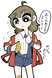  1girl :o ahoge arrow_(symbol) blue_necktie blue_shorts brown_hair collared_shirt employee_uniform fast_food_uniform flat_chest grey_eyes happi highres imadake_dabuchi_tabemi japanese_clothes legs_apart mcdonald's medium_hair necktie open_mouth rumford shirt shirt_tucked_in shorts simple_background solo speech_bubble standing steaming_body striped_clothes striped_shirt sweat translation_request undressing vertical-striped_clothes vertical-striped_shirt white_background white_shirt yellow_happi 