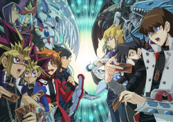  1girl 6+boys armed_dragon black_choker black_hair black_shirt blonde_hair blue-eyes_white_dragon blue_eyes blue_hair blue_jacket brown_eyes brown_hair card chain choker dark_magician dragon duel_disk elemental_hero_neos fangs fudo_yusei hat holding holding_card jack_atlas jacket kaiba_seto manjoume_jun millennium_puzzle multicolored_hair multiple_boys muto_yugi open_mouth purple_hair raku_(howdy) red_dragon_archfiend red_jacket shirt silent_magician stardust_dragon violet_eyes wizard_hat yami_yugi yu-gi-oh! yu-gi-oh!_5d's yu-gi-oh!_duel_monsters yu-gi-oh!_gx yuki_judai 