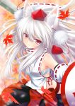  1girl absurdres alternate_hair_length alternate_hairstyle animal_ears blush breasts detached_sleeves hat highres inubashiri_momiji langlong leaf long_hair looking_at_viewer maple_leaf red_eyes sarashi shield solo sword tail tokin_hat touhou weapon white_hair wolf_ears wolf_tail 