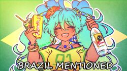  1girl aqua_hair bead_choker beads bikini braid brazil brazil_mentioned_(meme) brazilian_flag brazilian_flag_print brazilian_miku cachaca cachaca_51 closed_eyes dark_skin earrings flag_background flag_print flower guarana_antarctica hair_flower hair_ornament hatsune_miku highres holding jewelry long_hair melrynarts meme pacoquita shirt smile solo swimsuit tan twintails vocaloid yellow_shirt 