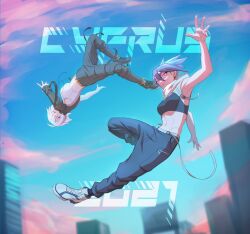  2021 2girls armpits artist_name black_jacket black_pants black_sports_bra blue_hair blurry blurry_background breasts building cargo_pants commentary cropped_jacket cyfrus detached_hood highres jacket large_breasts lineart medium_breasts midair multiple_girls navel orange_eyes original pants shoes skyscraper sneakers sports_bra white_hair white_sports_bra 