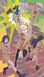  4girls :d ^_^ absurdres arm_up bang_dream! bang_dream!_it's_mygo!!!!! beetle black_hair black_pantyhose black_socks blonde_hair blue_eyes blush brown_shirt brown_shoes brown_skirt bug buttons chinese_commentary closed_eyes commentary_request double-breasted drink drinking_straw drinking_straw_in_mouth excited facing_away fleeing flipped_hair gloom_(expression) hanasakigawa_school_uniform happy heart hercules_beetle heterochromia highres holding holding_carton holding_drink jinzhengu juice_box kaname_raana leg_up loafers long_hair long_sleeves loving_aura medium_hair miniskirt misumi_uika multiple_girls neck_ribbon nervous_sweating open_mouth orange_eyes outline pantyhose plaid_clothes plaid_skirt pleated_skirt puff_of_air raana_the_cat red_ribbon rhinoceros_beetle ribbon running sailor_collar scared school_uniform shiina_taki shirt shoes skirt skirt_set sleeve_cuffs slit_pupils smile socks sparkle spit_take spitting spread_fingers straight_hair sweat sweatdrop turn_pale white_hair white_outline white_sailor_collar white_skirt wide-eyed winter_uniform yahata_umiri 