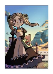  :| apron bag black_dress blonde_hair bloody_marie_(skullgirls) border closed_mouth dress elbow_carry floating_hair hair_ornament hand_on_own_chest highres juliet_sleeves kuroirozuki long_hair long_sleeves looking_to_the_side looking_up maid maid_apron maid_headdress puffy_sleeves red_eyes short_twintails skull_hair_ornament skullgirls sunrise twintails white_border wind 