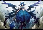  blue_hair gigandal_federation harpy highres monster_girl mountain pixiv_fantasia pixiv_fantasia_3 polearm sachi_(pixiv) sachi_(yumemayoi) talons weapon wings 