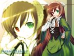  brown_hair dress heterochromia long_hair okaka rozen_maiden solo suiseiseki very_long_hair wallpaper zoom_layer 