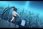  academy_city asymmetrical_clothes black_hair blue boots city cityscape from_behind kanzaki_kaori knee_boots letterboxed long_hair ponytail single_pantsleg standing sword to_aru_majutsu_no_index tomcat weapon wind_turbine windmill 