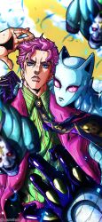  1boy 1other absurdres black_gloves black_necktie blue_eyes blue_skin clouds colored_sclera colored_skin diamond_wa_kudakenai gloves green_shirt half_gloves highres jacket jojo_no_kimyou_na_bouken killer_queen kira_yoshikage multicolored_necktie necktie noonvincent pants parted_lips pink_hair pink_jacket pink_pants pink_sclera purple_necktie sheer_heart_attack shirt sky stand_(jojo) striped_clothes striped_shirt tuxedo yellow_shirt yellow_sky 