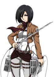  belt black_eyes black_hair dual_wielding jacket k-sk mikasa_ackerman scarf shingeki_no_kyojin short_hair sword thigh_strap weapon 