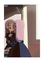  1girl :o black_dress bloody_marie_(skullgirls) border dress dressing grey_hair hair_down highres indoors juliet_sleeves kuroirozuki long_hair long_sleeves looking_at_mirror mirror puffy_sleeves red_eyes reflection skullgirls solo white_border window 