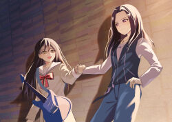  2girls absurdres bang_dream! black_hair black_vest blue_pants bow bowtie brown_dress closed_mouth commentary_request dress electric_guitar fist_bump guitar hanazono_tae highres instrument long_hair multiple_girls open_mouth pants red_bow red_bowtie sailor_collar sailor_dress shirt tsukuno_tsuki vest violet_eyes wakana_rei white_sailor_collar white_shirt yellow_eyes 