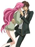  1girl blush brown_hair code_geass couple euphemia_li_britannia green_eyes kurimomo kururugi_suzaku long_hair open_clothes open_shirt pink_hair purple_eyes shirt uniform 