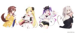  4girls ;d absurdres animal_collar animal_ear_piercing animal_ears baseball_cap belt bibi_(tokoyami_towa) black_choker black_hat black_jacket black_shirt black_shorts black_tank_top blonde_hair bone_hair_ornament borumete bow bowtie braid breasts brown_eyes brown_hair center-flap_bangs choker collar colored_inner_hair commentary_request copyright_notice crop_top cropped_jacket cropped_shirt demon_girl demon_tail detached_sleeves dog_ears dog_girl dog_tail double-parted_bangs dress empire_waist fake_horns fur-trimmed_dress fur-trimmed_jacket fur-trimmed_sleeves fur_trim gradient_hair green_eyes grey_eyes grey_hair grey_skirt grin hair_between_eyes hair_ornament hairclip hand_up hands_up hat heart heart_hands highres holofive hololive horned_headwear horns inugami_korone inugami_korone_(1st_costume) jacket large_breasts lion_ears lion_girl lion_tail long_hair long_sleeves looking_at_viewer low_twin_braids messy_hair midriff multicolored_hair multiple_girls navel_piercing o-ring o-ring_choker official_art one_eye_closed open_clothes open_jacket outstretched_arm piercing pink_hair pointy_ears purple_hair red_bow red_bowtie red_collar sheep_ears sheep_girl sheep_horns shirt shishiro_botan shishiro_botan_(1st_costume) short_shorts shorts simple_background skirt sleeveless sleeveless_dress smile tail tank_top thigh_strap tokoyami_towa tokoyami_towa_(1st_costume) tsunomaki_watame tsunomaki_watame_(1st_costume) twin_braids twintails two_side_up violet_eyes virtual_youtuber waving white_background white_belt white_dress white_jacket yellow_jacket 