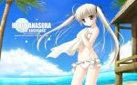  bare_shoulders beach bikini brown_eyes engrish grey_hair hair_ribbon haruka_na_sora highres kasugano_sora long_hair navel ozawa_yuu palm_tree ranguage ribbon solo swimsuit title_drop towel tree twintails very_long_hair wallpaper water yosuga_no_sora 