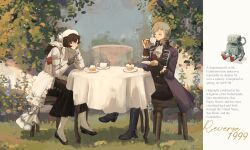  2girls absurdres anjo_nala ascot black_boots black_coat black_hair black_pants black_shoes black_skirt blue_sky boots closed_eyes coat coif copyright_name crossed_legs cup cupcake day english_text food fork fountain full_body garden gloves grass green_gloves grey_hair hand_on_own_cheek hand_on_own_face hat head_rest highres holding holding_cup holding_fork holding_saucer long_hair long_skirt looking_at_another multiple_girls on_chair oredcchi outdoors pants pantyhose plant profile reverse:1999 round_table saucer shirt shoes sitting skirt sky smile table tablecloth teacup toy_robot vertin_(reverse:1999) violet_eyes white_ascot white_coif white_hat white_pantyhose white_shirt 