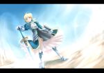 armor blonde_hair fate/stay_night fate_(series) green_eyes happy highres ribbon saber smile sword tsuka_(pixiv) wallpaper weapon 