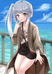  1girl bag black_shorts blue_sky brown_eyes clouds coat day decal feet_out_of_frame grey_coat grey_hair horizon kantai_collection kasumi_(kancolle) kasumi_(kure)_(kancolle) kitagawa_mikio long_hair looking_at_viewer ocean outdoors railing seven-segment_display shirt shorts shoulder_bag side_ponytail sky solo suitcase tote_bag white_shirt 