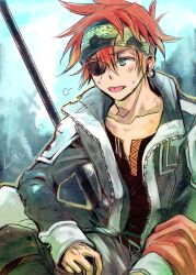  1boy belt black_headband black_jacket black_order_uniform black_shirt blue_background blush boots brown_boots collarbone collared_jacket cross d.gray-man earrings english_text eyepatch front_zipper green_eyes green_stripes hair_between_eyes headband holding holding_scarf holding_unworn_clothes hoop_earrings hot jacket jewelry lavi looking_to_the_side n_ptm one_eye_covered open_clothes open_jacket pants red_hair red_scarf scarf shirt short_hair sidelocks sitting solo stick striped_clothes striped_headband striped_jacket sweat sweatdrop tongue tongue_out white_pants white_stripes 