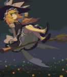  bloomers blue_eyes bow braid broom broom_riding dress flying frills hair_bow hand_on_hat hat iwamoto_james kirisame_marisa mary_janes night no_socks shoes sitting skirt skirt_lift sky touhou witch witch_hat 