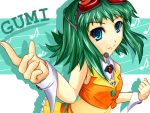  blue_eyes foreshortening goggles green_hair gumi headphones headset outstretched_arm short_hair skirt smile vocaloid wing_collar wrist_cuffs 