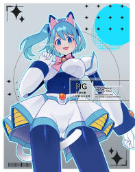  1girl animal_ears armor black_bodysuit blue_hair bodysuit border breasts cat_ears cowboy_shot gradient_background grey_background large_breasts looking_at_viewer mega_man_(series) mega_man_x_(series) mega_man_x_dive rico_(mega_man) rikka_(user_hruv2435) shorts side_ponytail simple_background skirt solo twitter_username watermark white_armor white_border white_shorts white_skirt 