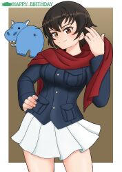  1girl absurdres amanone_yun birthday blue_jacket brown_background brown_eyes brown_hair caesar_(girls_und_panzer) closed_mouth cowboy_shot emblem english_text girls_und_panzer hand_on_own_hip happy_birthday highres hippopotamus holding holding_scarf holding_unworn_clothes jacket long_sleeves looking_at_viewer military_uniform miniskirt ooarai_military_uniform pleated_skirt red_scarf scarf short_hair skirt smile solo standing white_skirt 