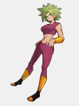  1girl abs aqua_eyes arms_at_sides bangs boots breasts crop_top dragon_ball dragon_ball_super earrings full_body green_hair grey_background grin half-closed_eyes hands_on_hips jewelry kefla_(dragon_ball) kemachiku knee_boots large_breasts leggings legs_apart long_hair looking_at_viewer midriff parted_bangs potara_earrings shiny shiny_hair simple_background smile solo spiky_hair super_saiyan toned very_long_hair 