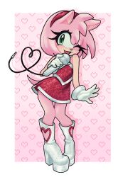  1girl absurdres amy_rose animal_ears animal_nose boots border cosplay dress flora_(florathemoth) full_body furry furry_female gloves green_eyes hairband hedgehog_girl highres holding holding_microphone jewelry looking_at_viewer microphone one_eye_closed open_mouth pink_background pink_fur pink_hair red_dress red_hairband sabrina_carpenter sabrina_carpenter_(cosplay) shoes short_tail silver_bracelet simple_background solo sonic_(series) standing tail white_border white_gloves white_shoes 
