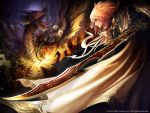  blonde_hair dragon fantasy highres male monster original short_hair solo sword sword_world tachikawa_mushimaro weapon 