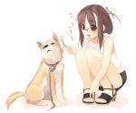  1girl :d blush brown_hair collar collarbone dog eyebrows_visible_through_hair female glasses green_panties high_heels kashiwamochi_yomogi leash long_hair miniskirt open_mouth original panties pantyshot pantyshot_sitting pet red_collar sandals shiba_inu shoes sitting skirt solo source_request tail tank_top underwear yomogi_kashiwamochi 