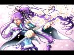  blue_eyes cherry_blossoms headphones kamui_gakupo katana kayu long_hair male open_mouth petals ponytail purple_hair solo sword vocaloid weapon 