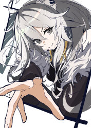  1girl absurdres ahoge animal_ears black_jacket black_shirt fur-trimmed_jacket fur_trim grey_eyes grey_hair highres hololive jacket lion_ears lion_girl long_hair looking_at_viewer outstretched_hand shirt shishiro_botan shishiro_botan_(1st_costume) smile solo spice_mega very_long_hair virtual_youtuber white_background 