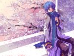  blue_eyes blue_hair cherry_blossoms headphones headset kaito male petals scarf shirotsugu short_hair sitting solo vocaloid 