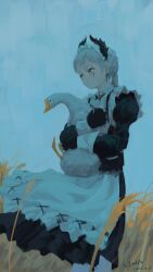  1girl absurdres ambience_synesthesia animal apron arknights bird black_dress black_gloves blue_sky closed_mouth dated day dress earrings feet_out_of_frame gloves goose grey_eyes grey_hair head_wings highres holding holding_animal irene_(arknights) irene_(voyage_of_feathers)_(arknights) jewelry juliet_sleeves long_hair long_sleeves official_alternate_costume outdoors ponytail puffy_sleeves scar scar_across_eye signature sky solo standing ujin_holo wheat white_apron wings 