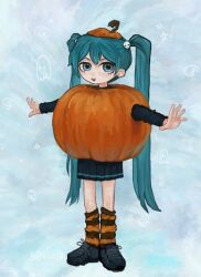  1girl blue_eyes blue_hair commentary english_commentary hair_ornament halloween halloween_costume hatsune_miku leg_warmers lily_(superkiiisa) long_hair open_mouth outstretched_arms pleated_skirt pumpkin_costume shoes skirt skull_hair_ornament smile sneakers solo striped_leg_warmers very_long_hair vocaloid 