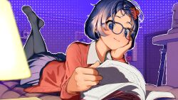  1girl black-framed_eyewear black_pantyhose blue_eyes blue_hair blue_skirt blurry book cardigan claw_hair_clip closed_mouth commentary_request commission depth_of_field desk_lamp glasses hand_on_own_cheek hand_on_own_face head_rest indoors lamp long_sleeves lying maeve_(ve) mila_(miside) miside mita_(miside) no_shoes on_stomach open_book open_cardigan open_clothes pantyhose pixiv_commission reading red_cardigan shirt short_hair skirt smile soles solo white_shirt 