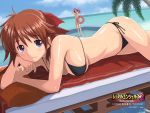  2008 bikini bow breasts brown_hair cleavage dutch_angle hair_bobbles hair_bow hair_ornament highres imo imo_(ryokyou) innertube lying muto_megumi mutou_megumi ocean on_side palm_tree pillow pool purple_eyes purple_hair shading_eyes short_hair side-tie_bikini smile string_bikini swimsuit towel tree wading wallpaper water wrestle_angels wrestle_angels_survivor_2 yuuki_chigusa 