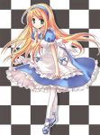  alice alice_in_wonderland blonde_hair blue_eyes blush checkered checkered_background dress finger_to_face frills hairband leaning_forward long_hair looking_at_viewer pantyhose ribbon smile solo yukiwo 