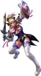  1girl arm_up blonde_hair boots breasts cassandra cassandra_alexandra cleavage elbow_gloves female full_body gloves green_eyes highres holding holding_sword holding_weapon kawano_takuji large_breasts long_hair official_art ponytail shield simple_background solo soul_calibur soulcalibur soulcalibur_iv sword thigh_boots thigh_highs thighhighs uniform weapon white_background 