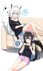 2girls absurdres ahoge animal_ears aqua_eyes barefoot bellezza_felutia black_hair black_shirt black_t-shirt blue_hair blue_shorts closed_mouth colored_inner_hair felutiahime fox_ears fox_girl fox_tail handheld_game_console headphones highres holding holding_handheld_game_console hololive indie_virtual_youtuber long_hair looking_at_viewer multicolored_hair multiple_girls nintendo_switch official_alternate_costume open_mouth original pink_shorts shirakami_fubuki shirakami_fubuki_(loungewear) shirt shorts smile spoken_sweatdrop sweatdrop tail virtual_youtuber white_hair