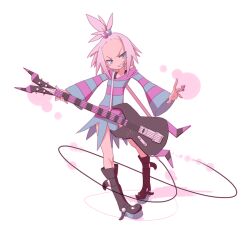  1girl bass_guitar blue_eyes boots commentary_request dress forehead freckles full_body grin holding holding_plectrum instrument looking_at_viewer neck_o pink_hair plectrum pokemon pokemon_bw2 roxie_(pokemon) simple_background smile solo striped_clothes striped_dress topknot white_background 