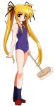  1girl blonde_hair blush broom fate_testarossa hair_ribbon highres long_hair mahou_shoujo_lyrical_nanoha mahou_shoujo_lyrical_nanoha_a&#039;s one-piece_swimsuit red_eyes ribbon school_swimsuit simple_background smile solo swimsuit twintails very_long_hair white_background 
