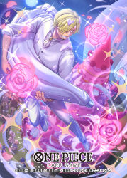  2girls 6+boys arms_up ascot baby blonde_hair cake capone_gang_bege capone_pez charlotte_chiffon charlotte_pudding chef_hat commentary_request cream cream_on_face curly_eyebrows facial_hair father_and_son flower food food_on_face goatee gotti_(one_piece) hair_over_one_eye hat highres holding holding_baby jumping multiple_boys multiple_girls mustache official_art one_piece one_piece_card_game pants pink_flower pink_hair sajima_minato sanji_(one_piece) shirt siblings sisters smile sparkle vertical-striped_suit vest vito_(one_piece) whipped_cream white_pants white_shirt white_vest 