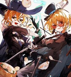  2girls black_coat black_pants blonde_hair blue_necktie bowl china_dress chinese_clothes chinese_food chopsticks cinq_association_(identity)_(project_moon) coat don_quixote_(project_moon) dress dual_persona eastern_cinq_association_(identity)_(project_moon) formal_clothes grey_pants grin highres holding holding_sword holding_weapon lapels limbus_company looking_at_viewer minasemochii multiple_girls musketeer necktie pants pants_under_dress project_moon short_hair smile spoon suit sunglasses sword weapon 