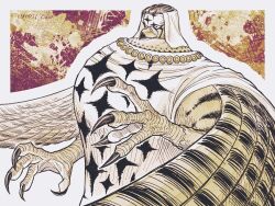  26_tgw alternate_form bird claws commentary dated eagle greyscale headscarf highres looking_ahead monochrome one_piece pell talons 