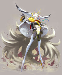  152_in_can 1girl absurdres black_gloves braid breasts cape cloak fate/grand_order fate_(series) fur-trimmed_cloak fur_trim gloves hair_between_eyes highres horns huge_horns long_braid long_hair looking_at_viewer olga_marie_animusphere open_mouth orange_eyes side_braid smile solo striped_bodysuit thighs u-olga_marie white_hair 